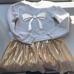 btween Cream Sweater Top with Gold Metallic Pleated Skirt Dress